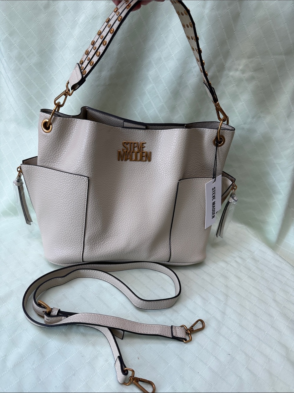 New Steve Madden Large Cream Faux Pebbled Shoulder Tote with Studded Strap
